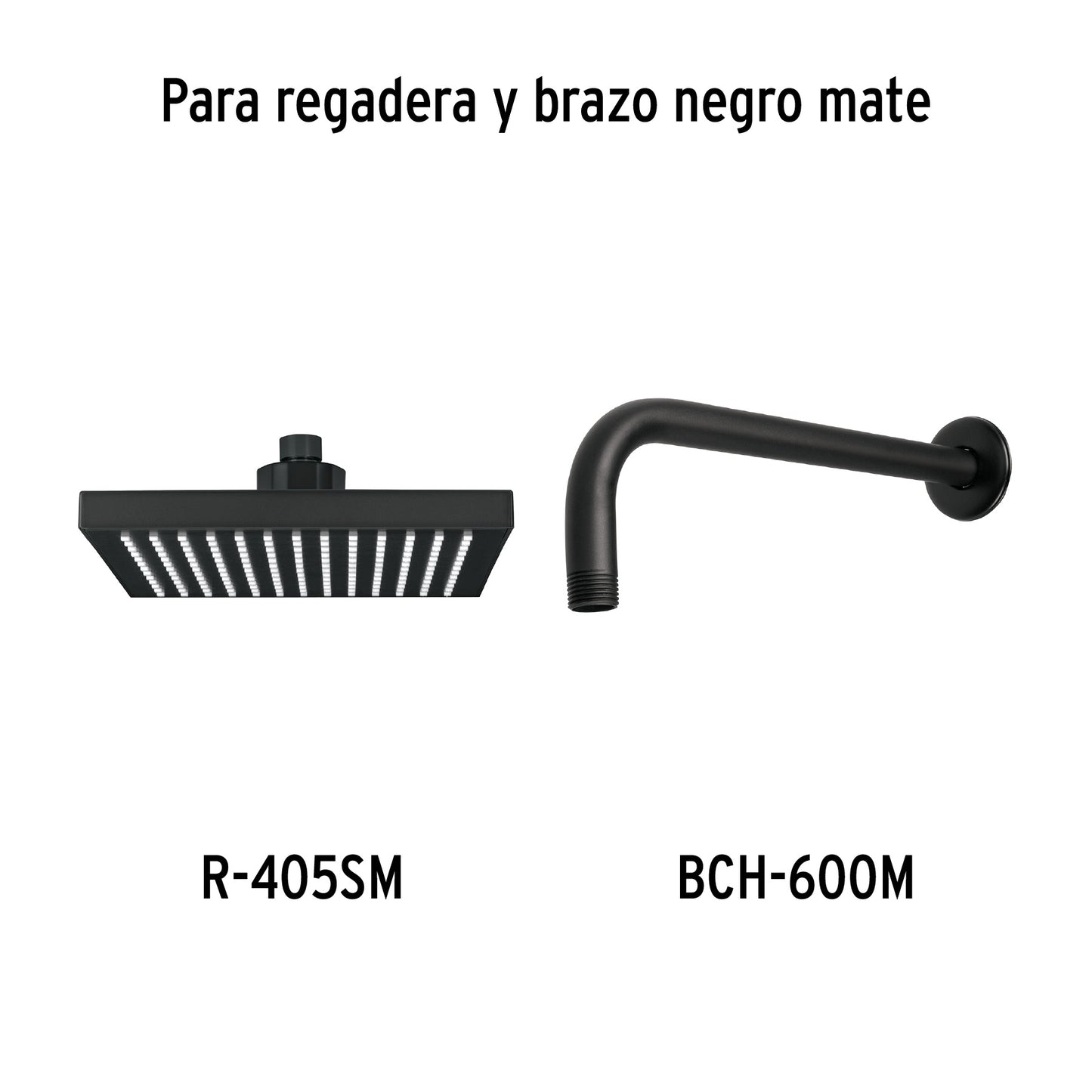 Regadera cuadrada 8", ABS, con brazo y chapetón, negro, AQUA