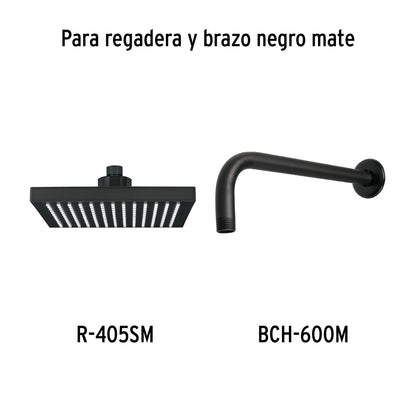 Regadera cuadrada 8", ABS, con brazo y chapetón, negro, AQUA