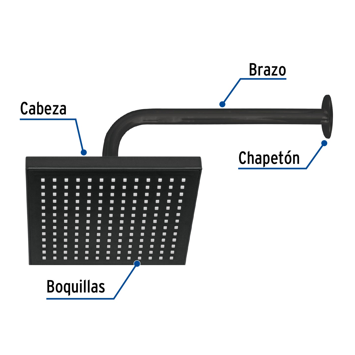 Regadera cuadrada 8", ABS, con brazo y chapetón, negro, AQUA