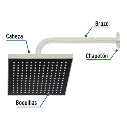 Regadera cuadrada 8", ABS, con brazo y chapetón, satín, AQUA
