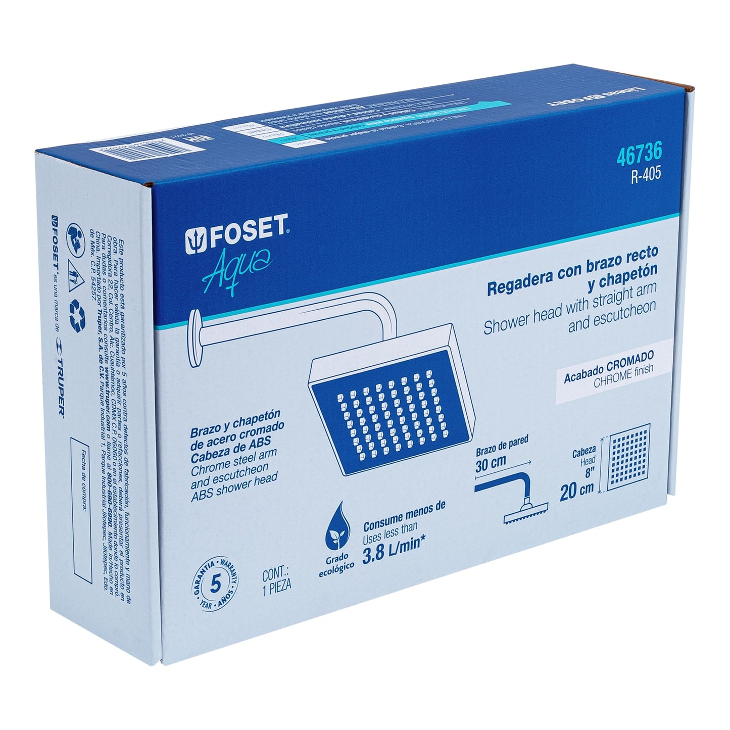 Regadera de Ducha Cuadrada 8 Pulgadas Cromo AQUA FOSET con Brazo y Chapetón ABS