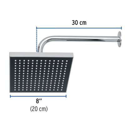 Regadera de Ducha Cuadrada 8 Pulgadas Cromo AQUA FOSET con Brazo y Chapetón ABS
