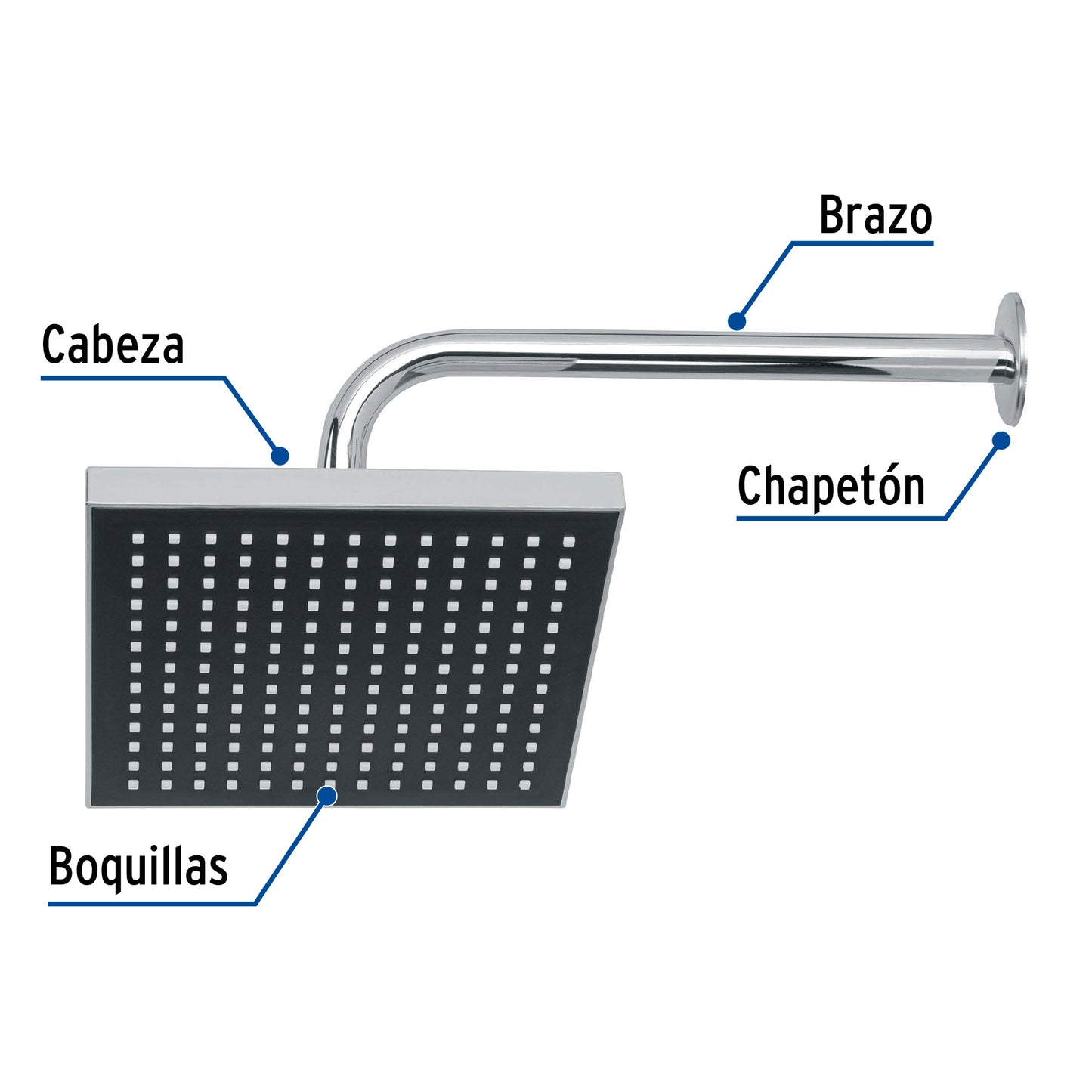 Regadera de Ducha Cuadrada 8 Pulgadas Cromo AQUA FOSET con Brazo y Chapetón ABS