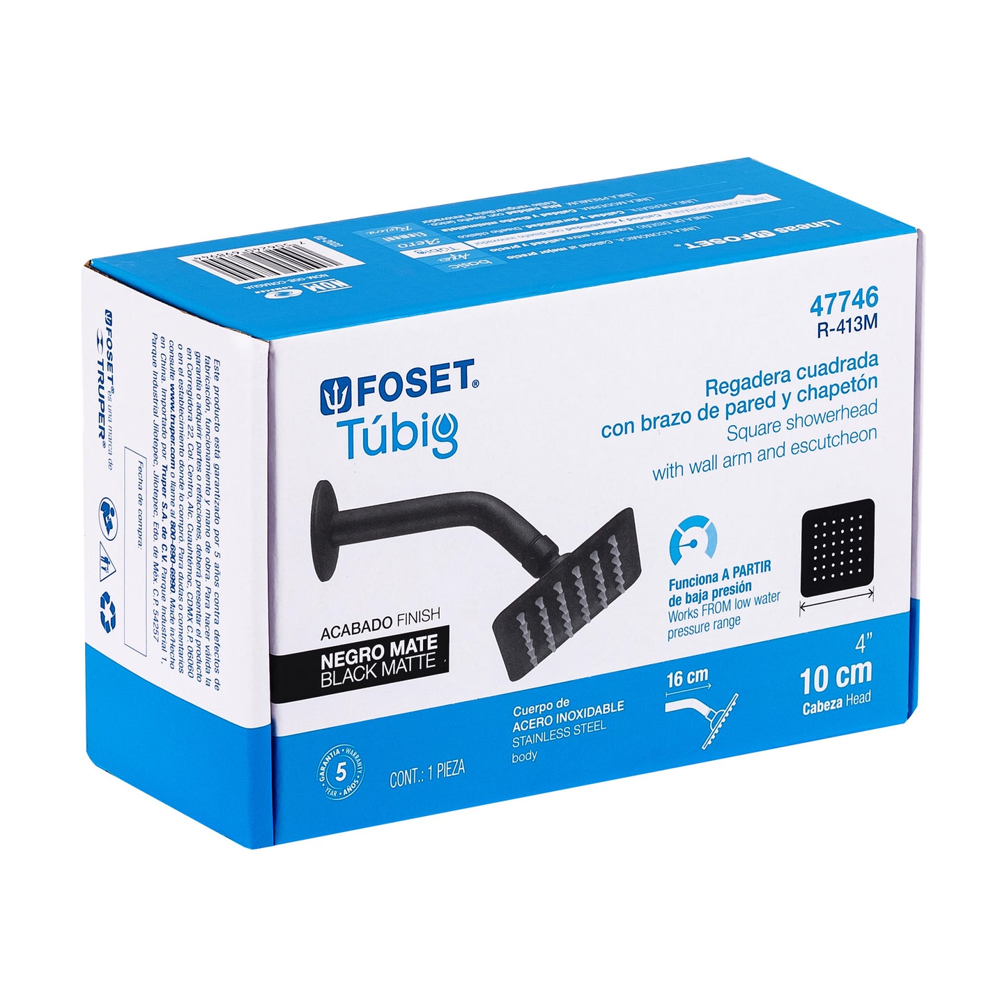 Regadera Cuadrada 4" Acero Inoxidable con Brazo Negro TÚBIG FOSET | Baño Moderno