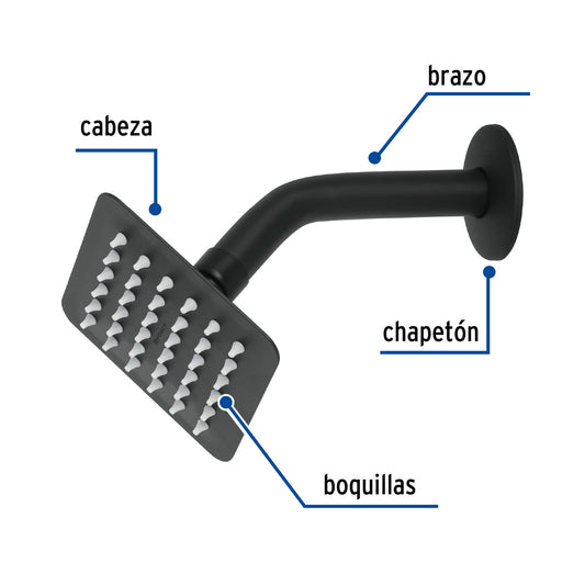Regadera Cuadrada 4" Acero Inoxidable con Brazo Negro TÚBIG FOSET | Baño Moderno