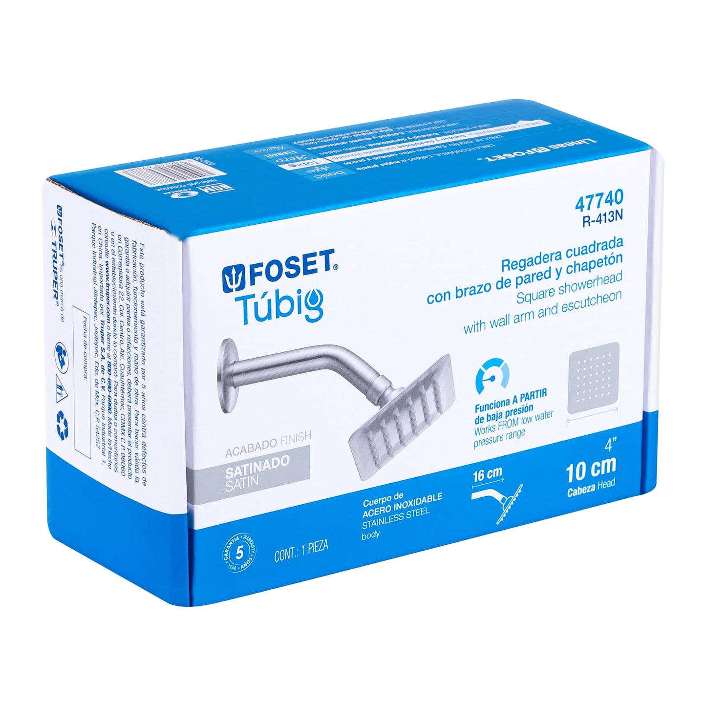 Regadera Cuadrada 4 Pulgadas Acero Inoxidable con Brazo TÚBIG FOSET - Acabado Satinado