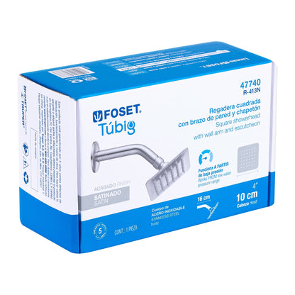 Regadera Cuadrada 4 Pulgadas Acero Inoxidable con Brazo TÚBIG FOSET - Acabado Satinado