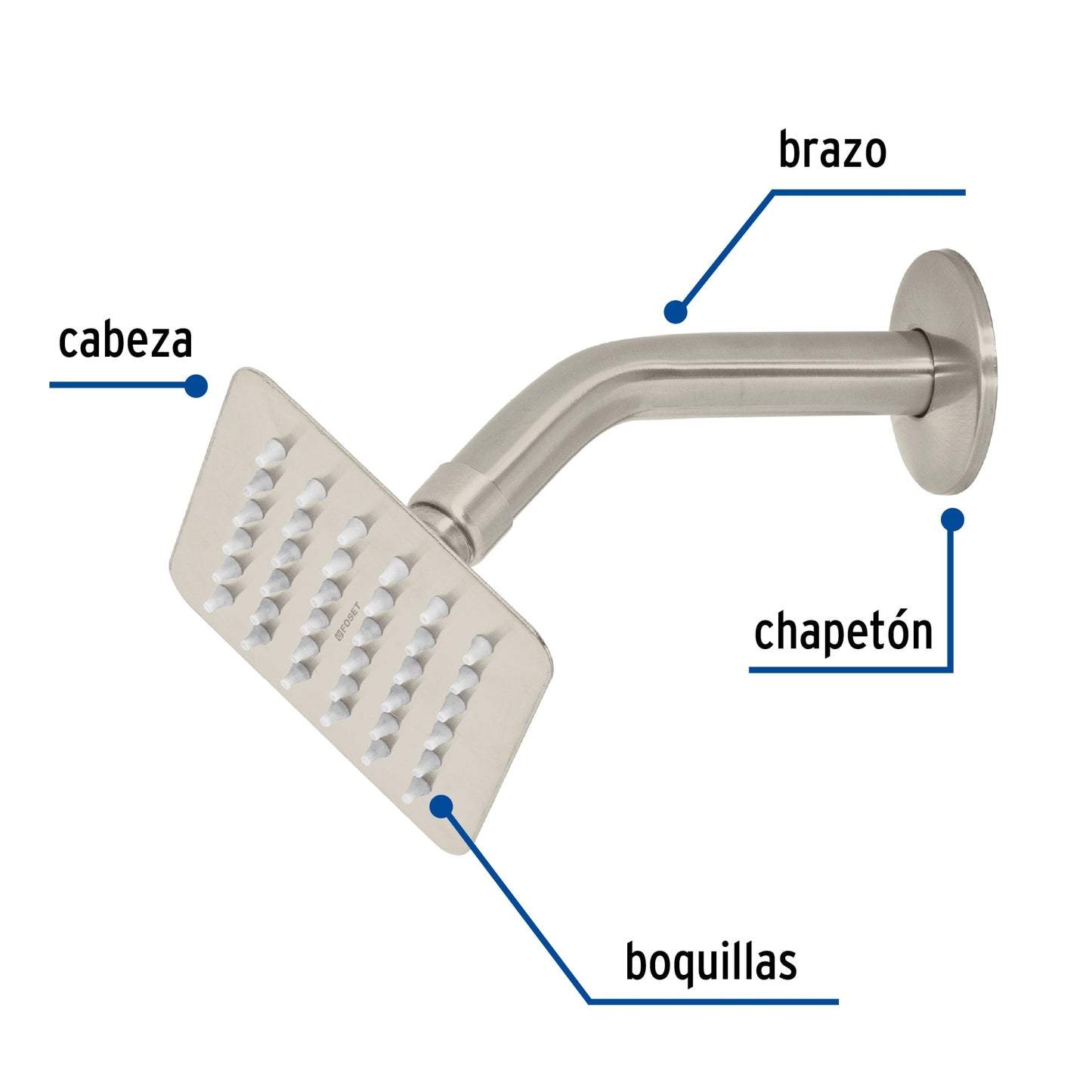 Regadera Cuadrada 4 Pulgadas Acero Inoxidable con Brazo TÚBIG FOSET - Acabado Satinado