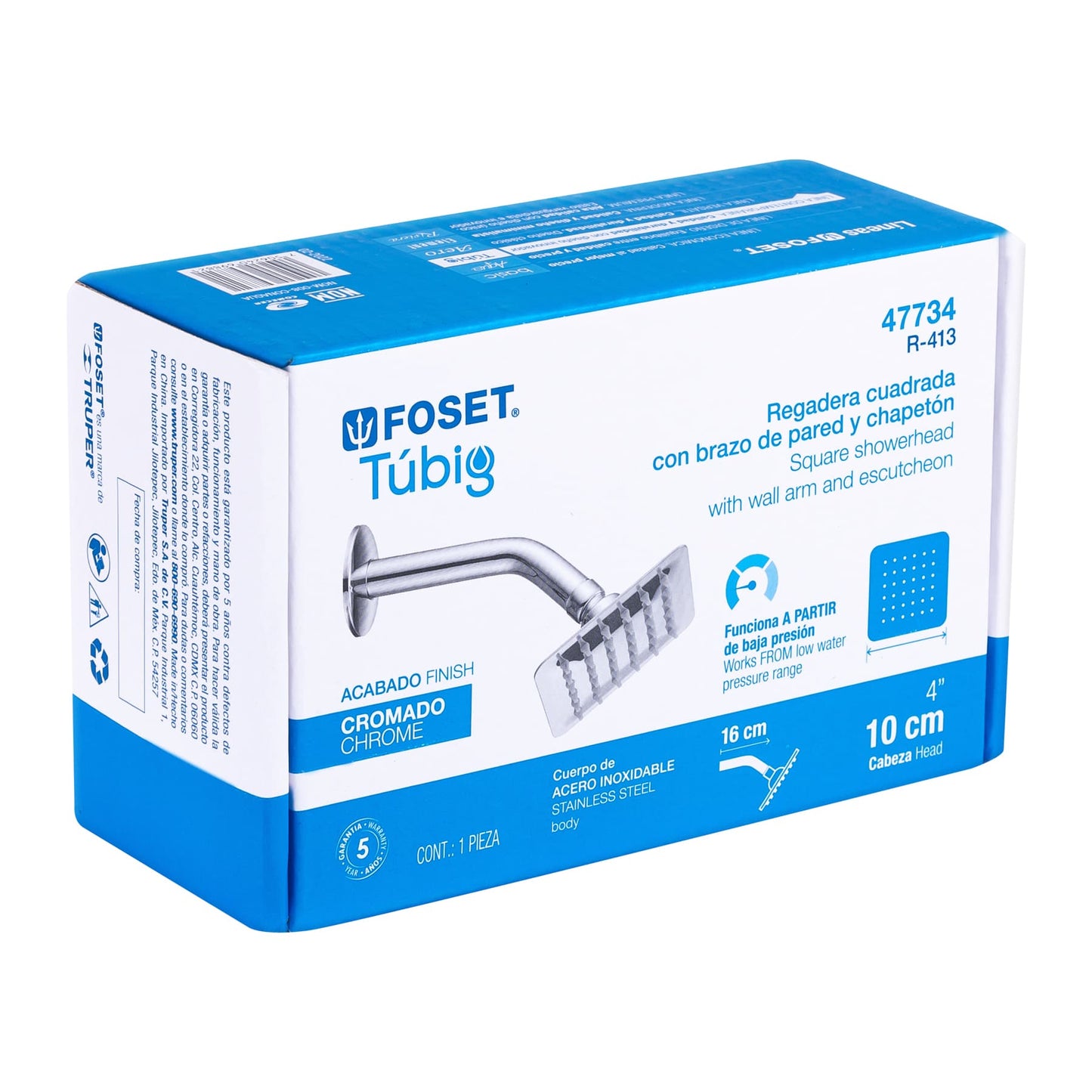 Regadera Cuadrada 4" Acero Inoxidable con Brazo Ajustable Cromado TÚBIG FOSET