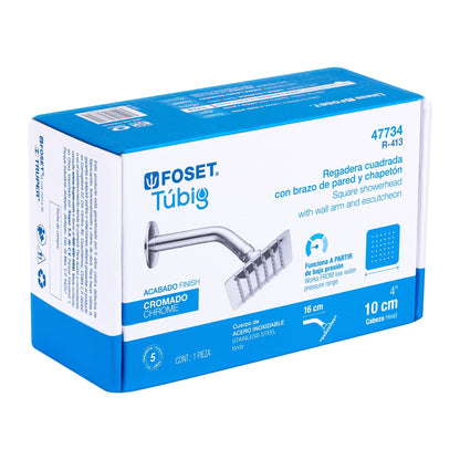 Regadera Cuadrada 4" Acero Inoxidable con Brazo Ajustable Cromado TÚBIG FOSET