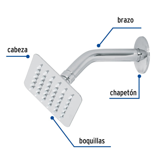 Regadera Cuadrada 4" Acero Inoxidable con Brazo Ajustable Cromado TÚBIG FOSET