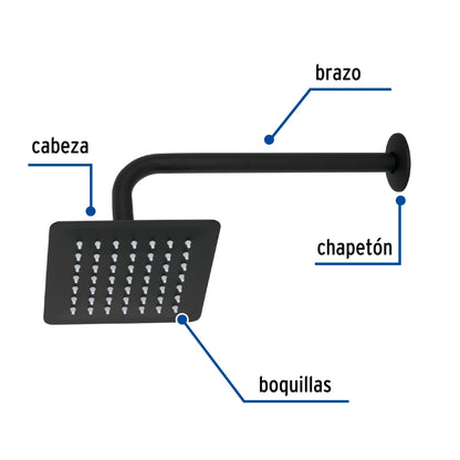 Regadera Cuadrada 6 Pulgadas Acero Inoxidable con Brazo Negro TÚBIG - Regadera de Ducha