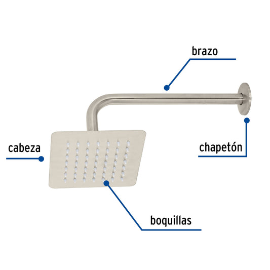 Regadera Cuadrada 6 Pulgadas Acero Inoxidable con Brazo Ajustable TÚBIG Satín