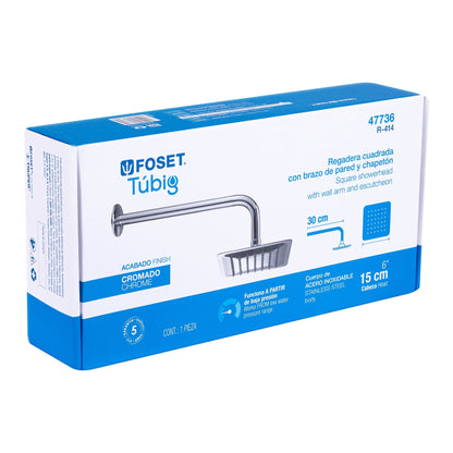 Regadera Cuadrada 6 Pulgadas Acero Inoxidable con Brazo Cromo TÚBIG FOSET