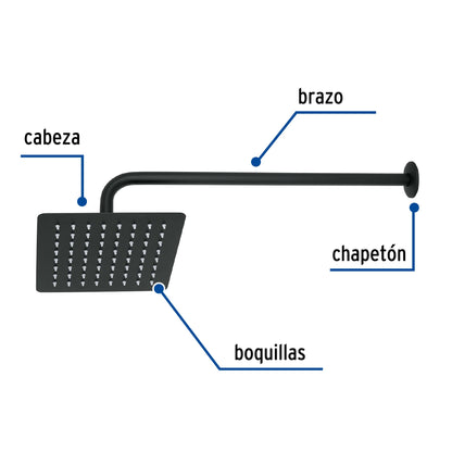 Regadera Cuadrada 8 Pulgadas Acero Inoxidable con Brazo Negro TÚBIG FOSET - Regadera de Ducha