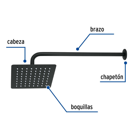 Regadera Cuadrada 8 Pulgadas Acero Inoxidable con Brazo Negro TÚBIG FOSET - Regadera de Ducha
