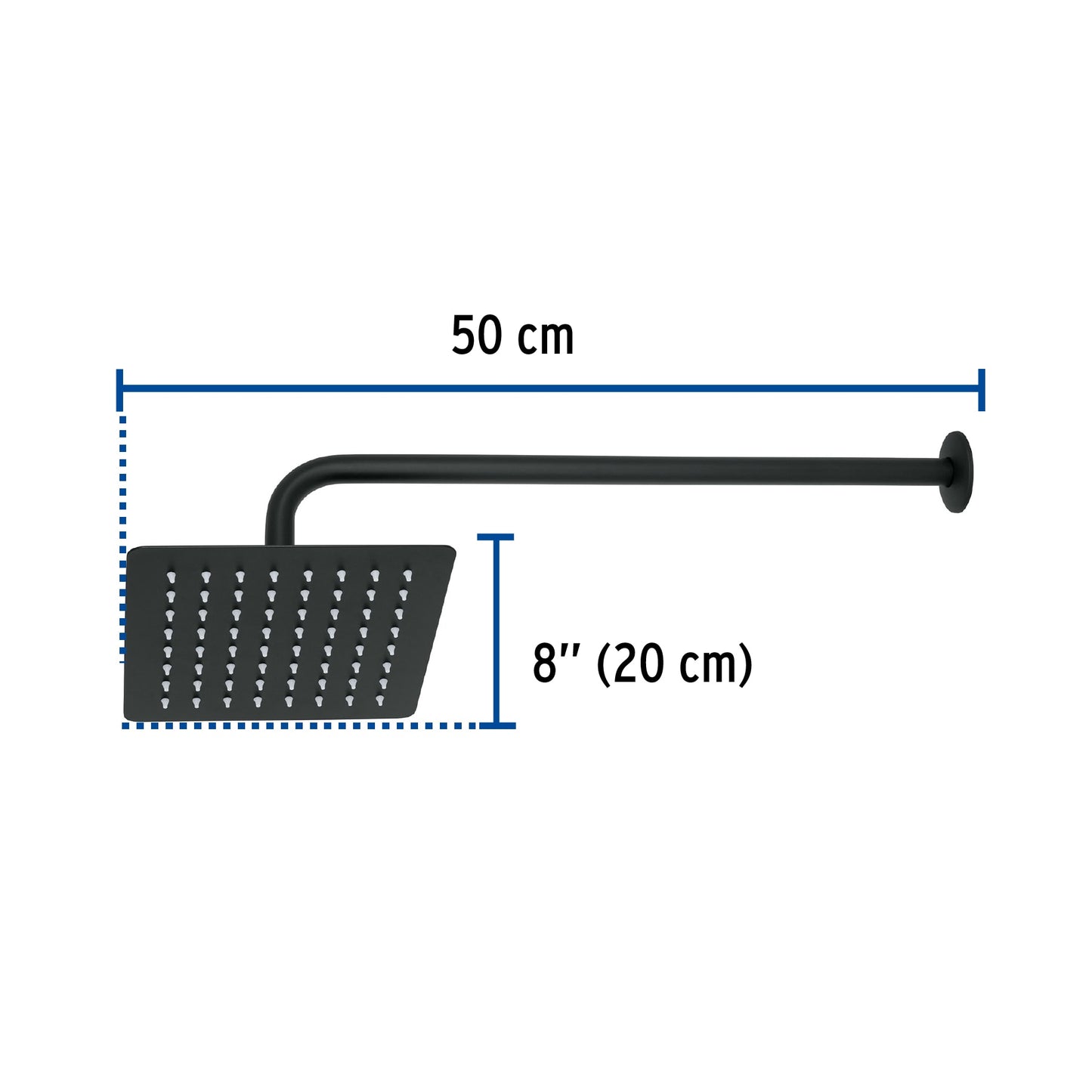 Regadera Cuadrada 8 Pulgadas Acero Inoxidable con Brazo Negro TÚBIG FOSET - Regadera de Ducha