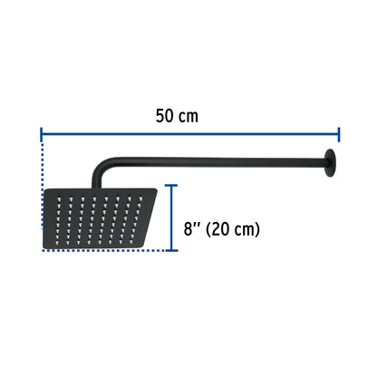 Regadera Cuadrada 8 Pulgadas Acero Inoxidable con Brazo Negro TÚBIG FOSET - Regadera de Ducha