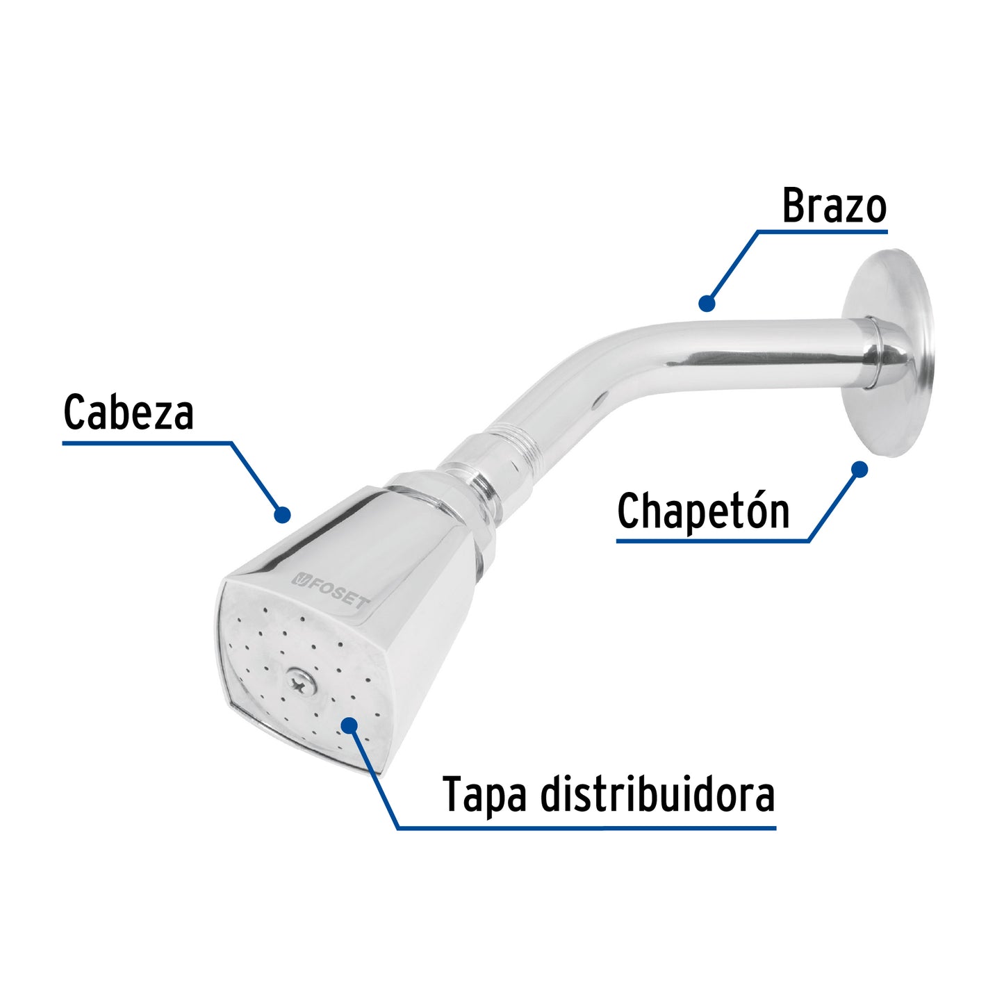 Regadera AQUA Cuadrada 2" Cromada con Brazo Ajustable y Chapetón Metálico para Baño