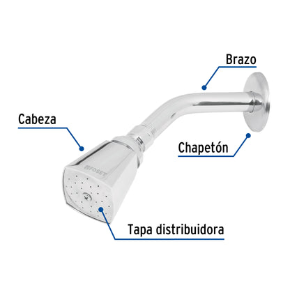 Regadera AQUA Cuadrada 2" Cromada con Brazo Ajustable y Chapetón Metálico para Baño