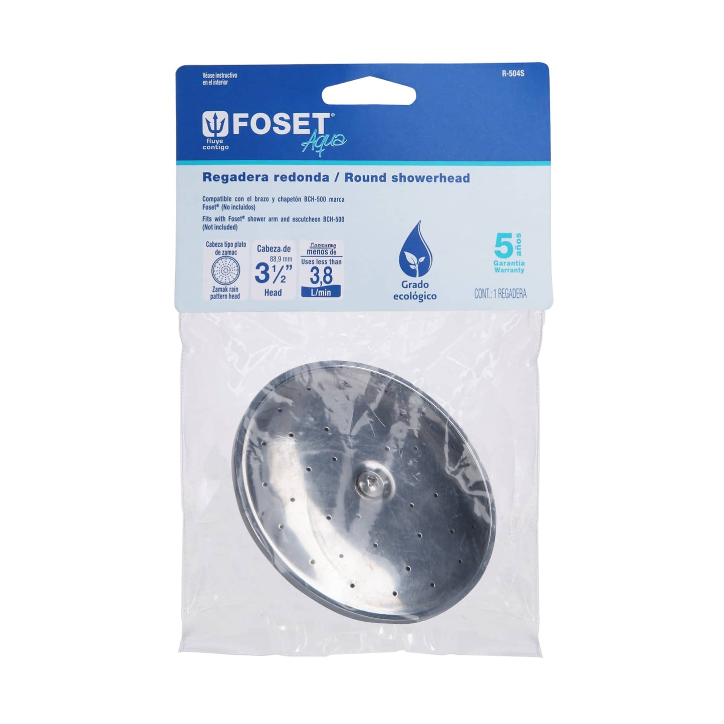 Regadera de Baño 3-1/2" Cromada AQUA FOSET - Metálica Sin Brazo