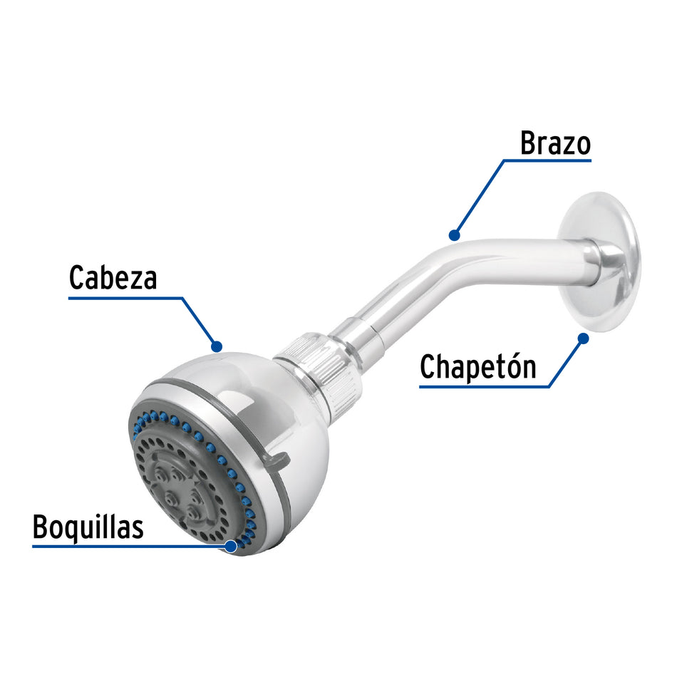 Regadera 3", 5 funciones brazo y chapetón de acero, Foset, Ducha, Bañera, Rociador