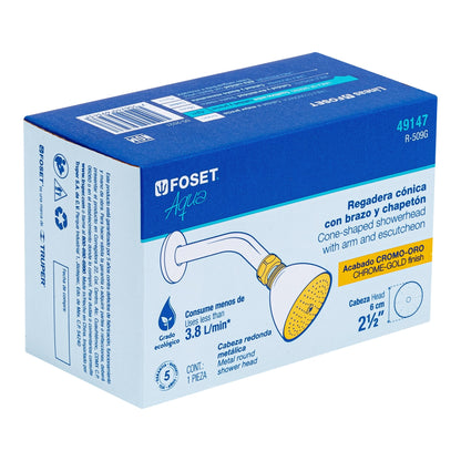 Regadera cónica 2-1/2",metálica, brazo y chapetón, cromo-oro