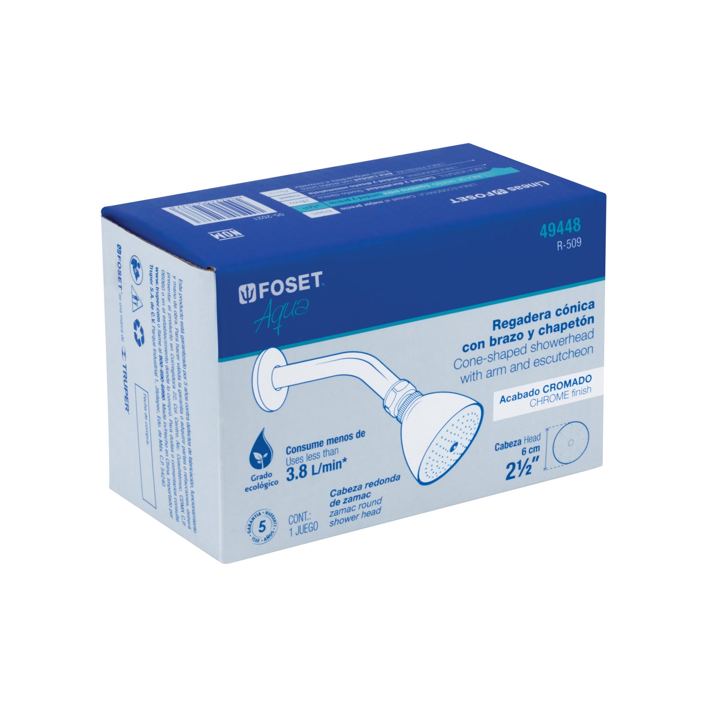 Regadera Metálica Cromada 2-1/2" con Brazo y Chapetón FOSET - Cónica