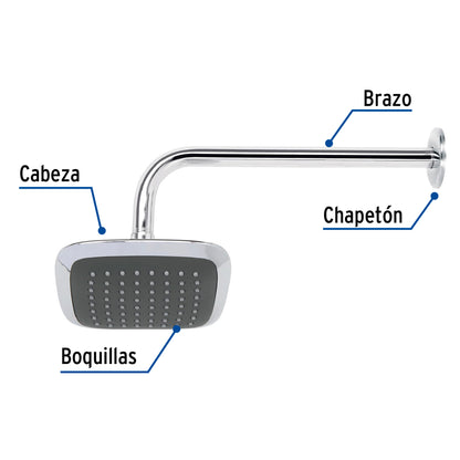 Regadera de ducha cuadrada 6 pulgadas cromada AERO con brazo y chapetón ABS