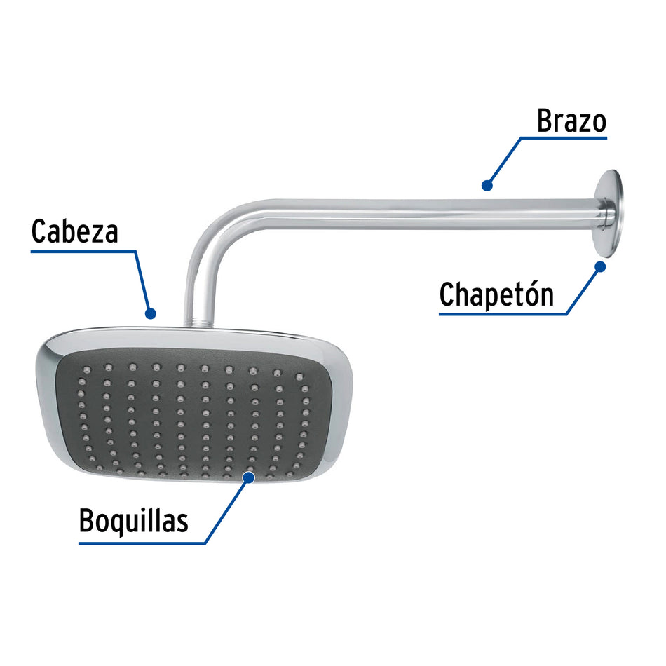 Regadera cuadrada plato ancho 8" brazo inox a muro, Foset, Ducha, Bañera, Rociador