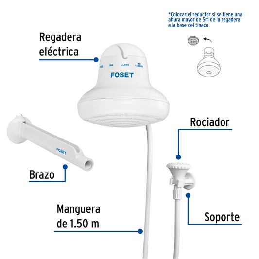 Regadera eléctrica, 4 temperaturas, 16.5cm, blanca, FOSET