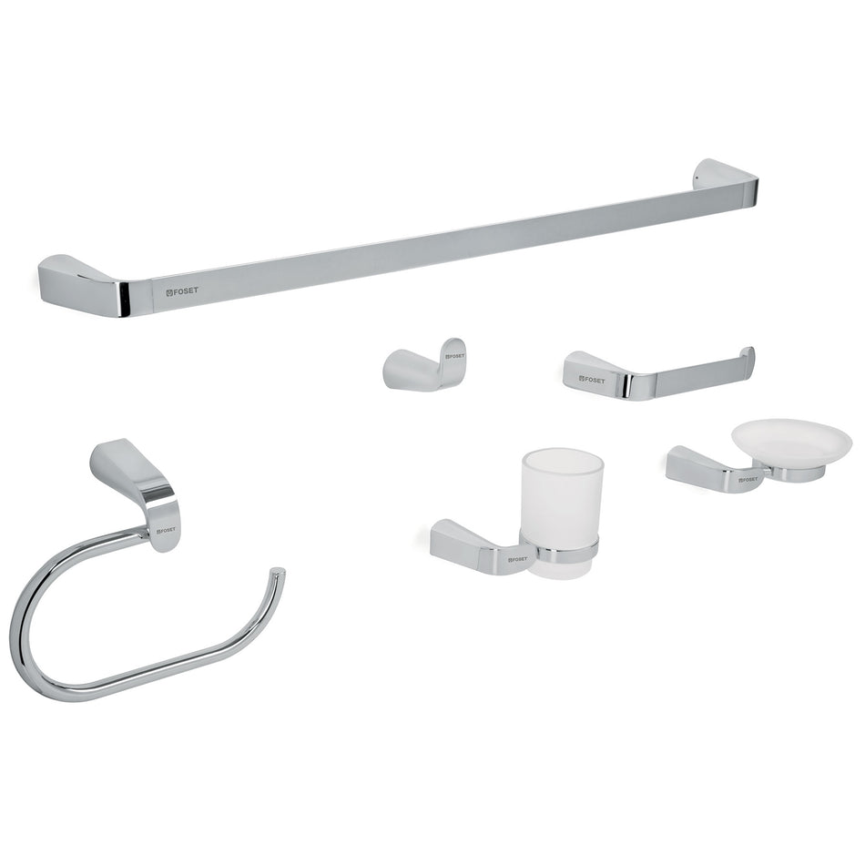 Juego de 6 accesorios para baño acabado cromo, Foset, Toallero, Portapapel, Jabonera