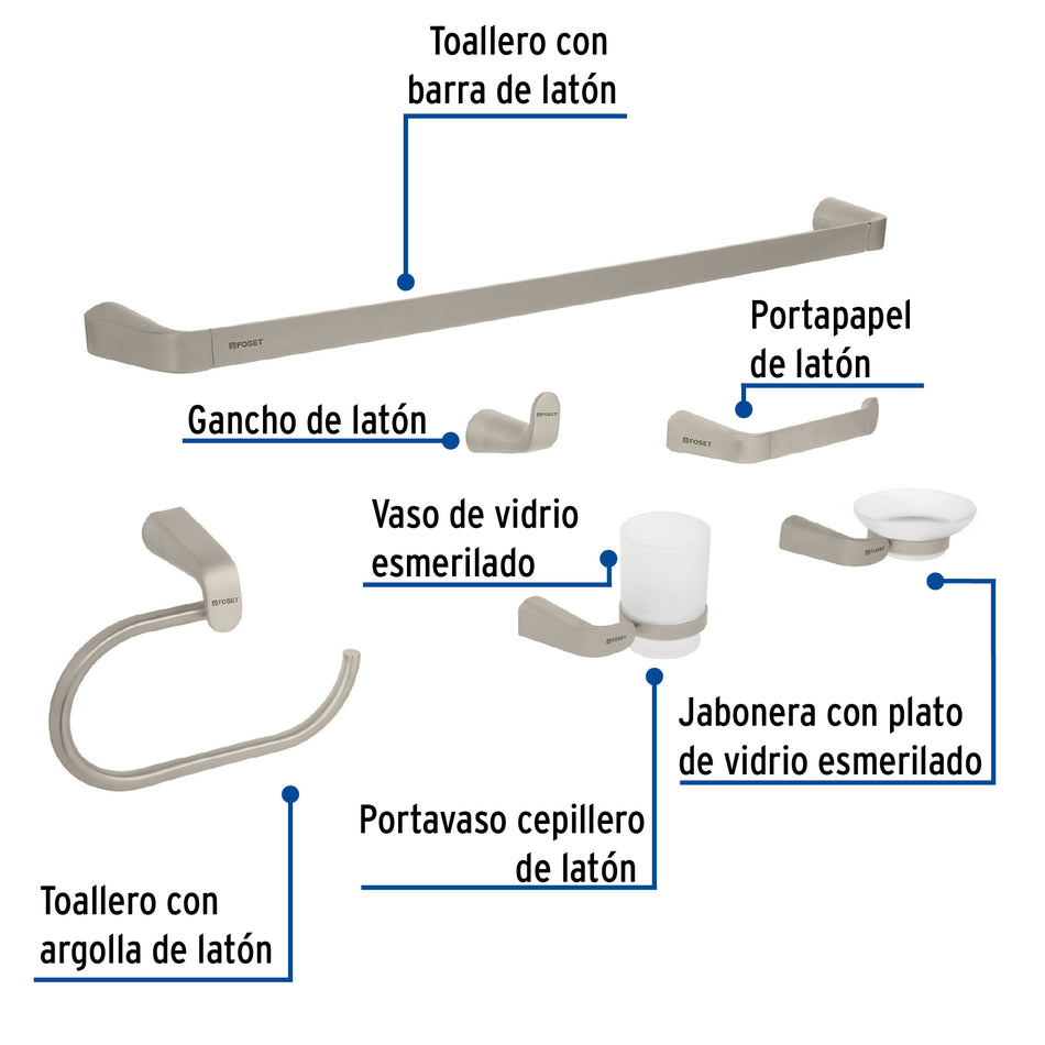 Juego de 6 accesorios para baño acabado satín, Foset, Toallero, Portapapel, Jabonera