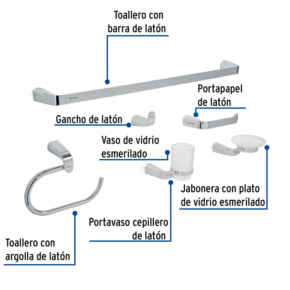 Juego de 6 accesorios para baño acabado cromo, Foset, Toallero, Portapapel, Jabonera