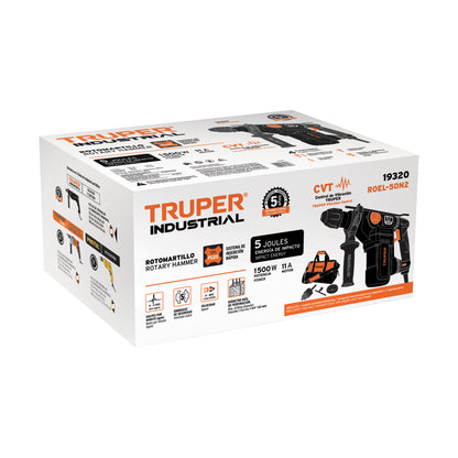 Rotomartillo SDS Plus TRUPER Industrial 1500W 5 Joules - Solución Profesional para Demolición y Perforación en Concreto - Control de Vibración CVT - 6 Velocidades - Modelo ROEL-50N2