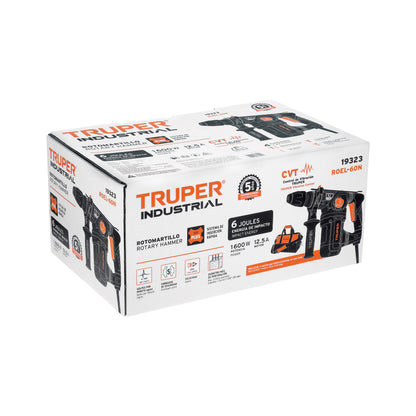 Rotomartillo SDS Plus TRUPER INDUSTRIAL 1600W 6 Joules - Perfora Concreto y Mampostería con Control de Vibración CVT - Incluye Maleta 16" - ROEL-60N