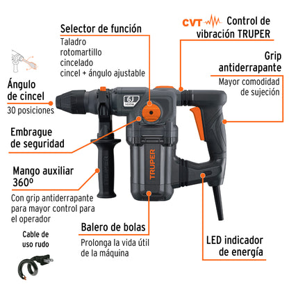 Rotomartillo SDS Plus TRUPER INDUSTRIAL 1600W 6 Joules - Perfora Concreto y Mampostería con Control de Vibración CVT - Incluye Maleta 16" - ROEL-60N