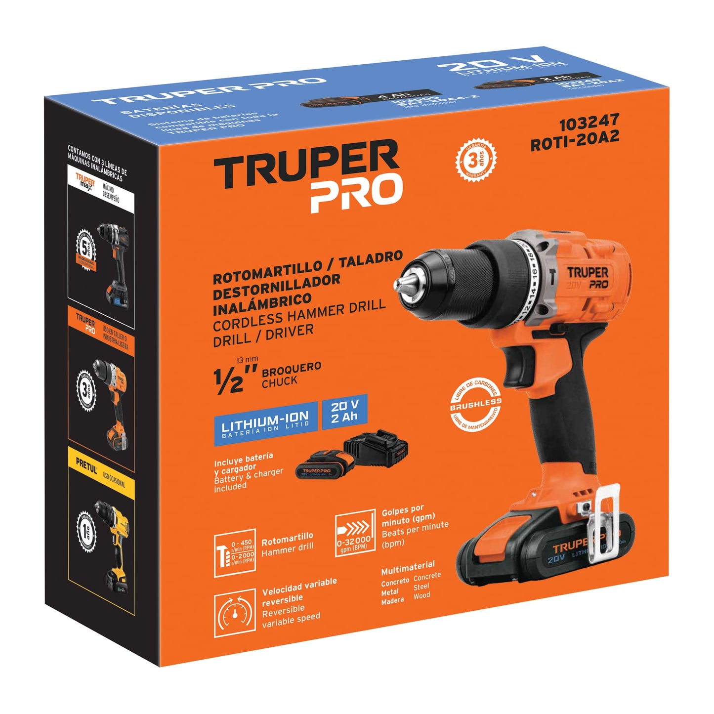 Rotomartillo Inalámbrico 20V TRUPER PRO ROTI-20A2 - Motor Brushless, 2 Velocidades, Batería 2Ah Ion Litio, Broquero Cambio Rápido