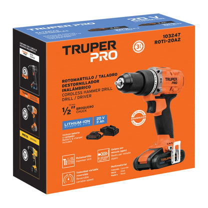 Rotomartillo Inalámbrico 20V TRUPER PRO ROTI-20A2 - Motor Brushless, 2 Velocidades, Batería 2Ah Ion Litio, Broquero Cambio Rápido