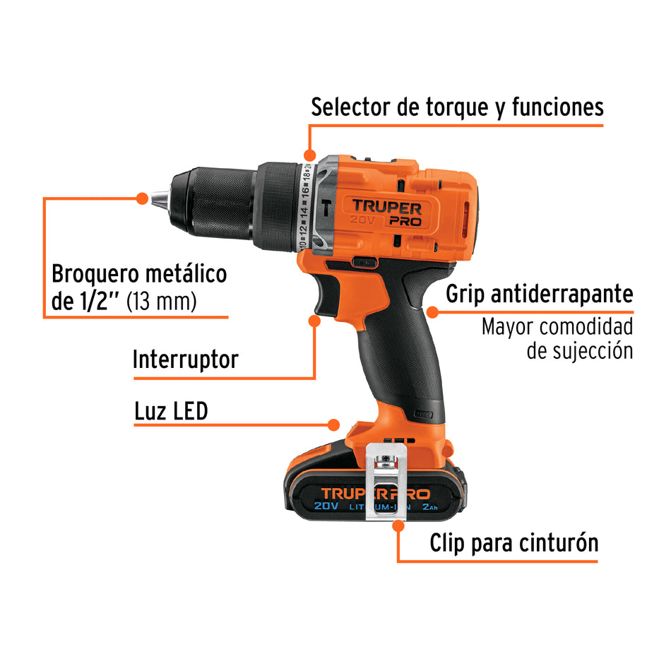 Rotomartillo Inalámbrico 1/2" 20V Brushless TRUPER PRO ROTI-20A2 - Taladro Percutor con Batería 2Ah y Cargador Rápido