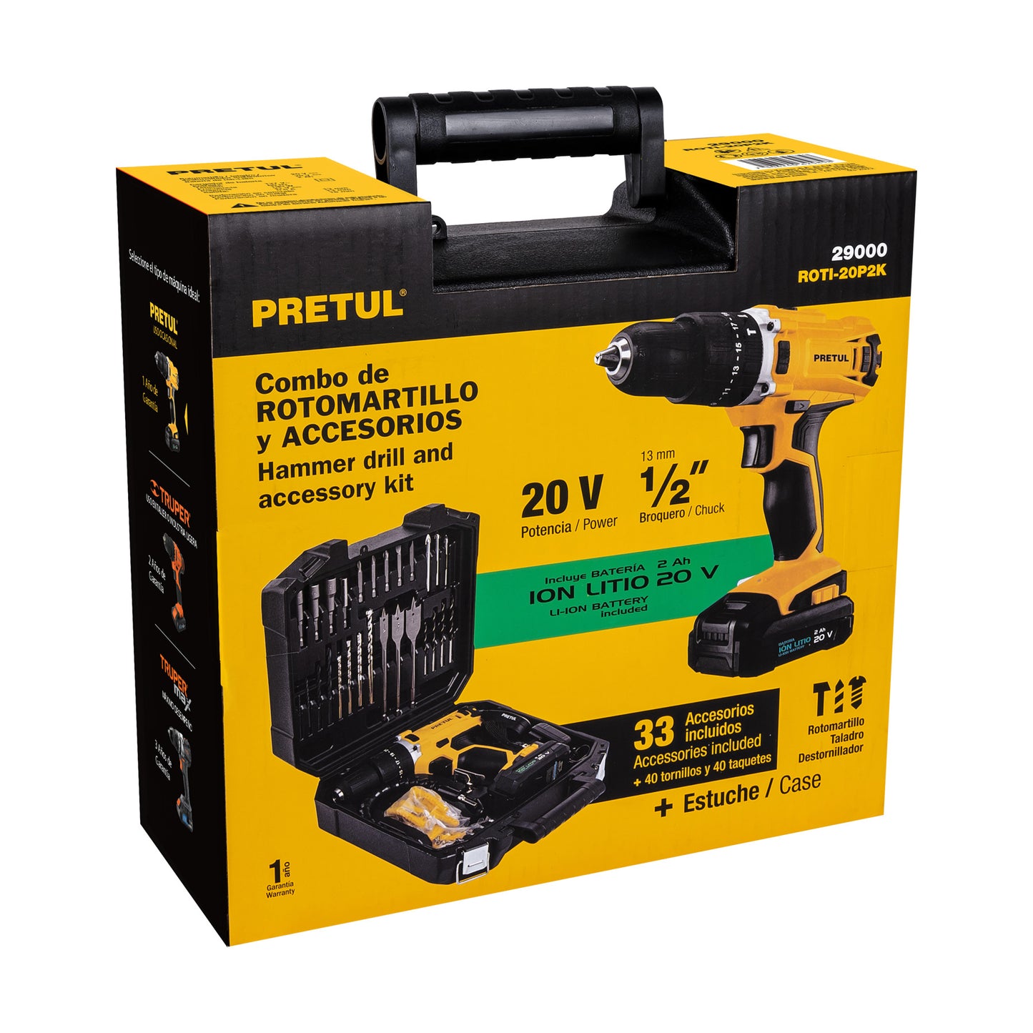 Rotomartillo PRETUL 1/2 Pulgada 20V Ion Litio con 32 Accesorios - Kit Completo Taladro Percutor Inalámbrico