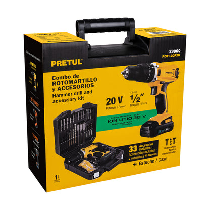 Rotomartillo PRETUL 1/2 Pulgada 20V Ion Litio con 32 Accesorios - Kit Completo Taladro Percutor Inalámbrico