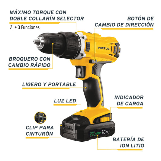 Rotomartillo PRETUL 1/2" 20V Inalámbrico con Batería 2Ah | ROTI-20P2