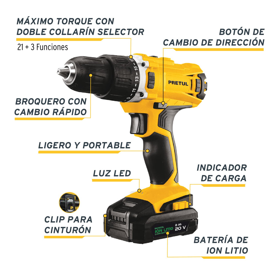 Rotomartillo PRETUL 1/2" 20V Inalámbrico con Batería 2Ah | ROTI-20P2
