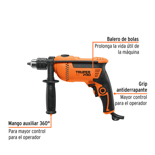 Rotomartillo TRUPER PRO 1/2" 750W - Taladro Percutor Profesional para Concreto, Madera y Metal