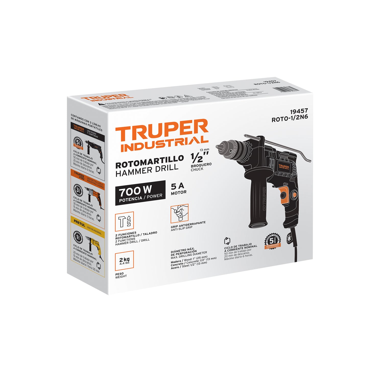 Rotomartillo TRUPER INDUSTRIAL 1/2" 700W - Taladro Percutor Profesional con Velocidad Variable