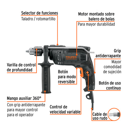 Rotomartillo TRUPER INDUSTRIAL 1/2" 700W - Taladro Percutor Profesional con Velocidad Variable