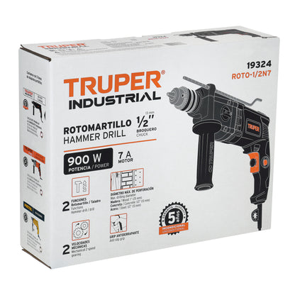 Rotomartillo TRUPER Industrial 1/2 Pulgada 900W - Taladro Percutor Profesional con Doble Velocidad y Mango Ergonómico