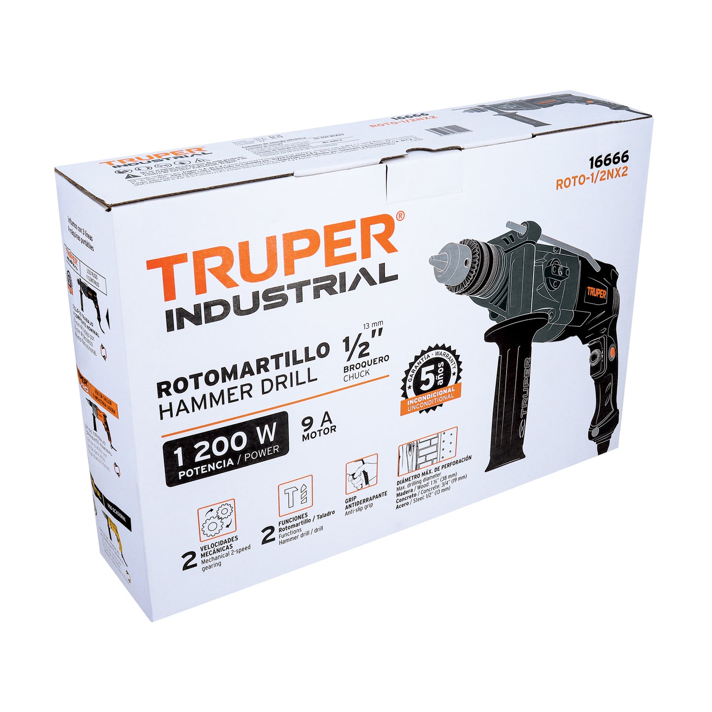 Rotomartillo TRUPER INDUSTRIAL 1/2" 1200W - Taladro Percutor Profesional con Doble Velocidad y Control de Profundidad