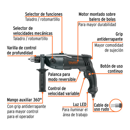 Rotomartillo TRUPER INDUSTRIAL 1/2" 1200W - Taladro Percutor Profesional con Doble Velocidad y Control de Profundidad
